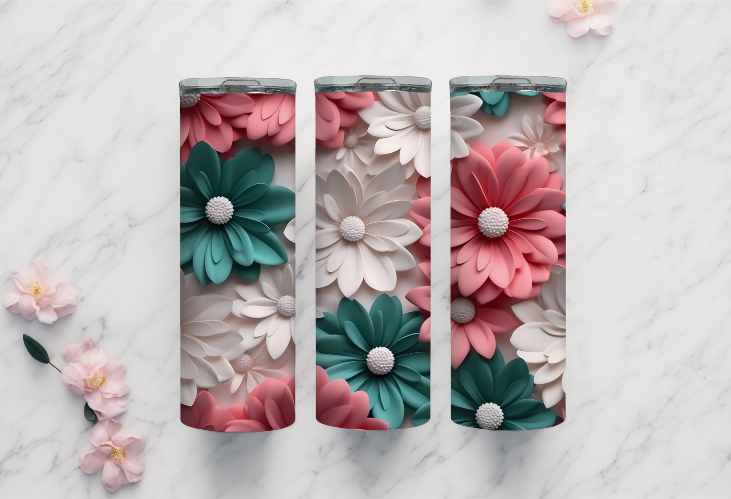 3D White & Teal Flower Tumbler